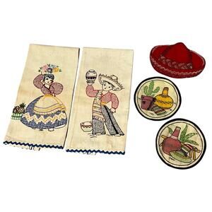 VTG Handmade 5 Pc Set Tea Towels Hot Pads Hand Stitched Southwest Mexcian Themed